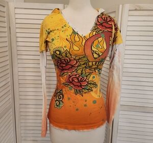 FANG Floral V-Neck Long Sleeve Top - Orange and Yellow Size M